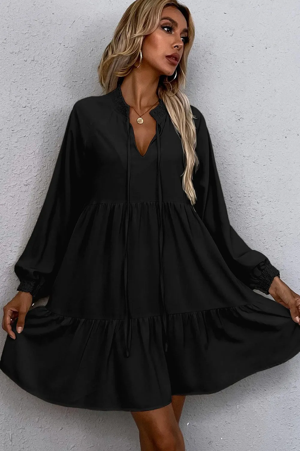 Tie Split Neck Smocked Detail Long Puff Sleeve Ruffle Hem Loose Dress sold by eAura product image thumbnail 5