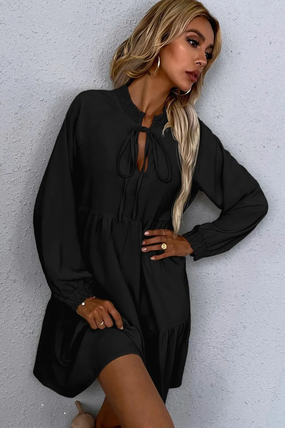 Tie Split Neck Smocked Detail Long Puff Sleeve Ruffle Hem Loose Dress sold by eAura product image thumbnail 3