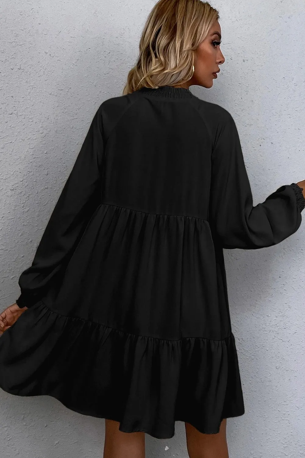 Tie Split Neck Smocked Detail Long Puff Sleeve Ruffle Hem Loose Dress sold by eAura product image thumbnail 2
