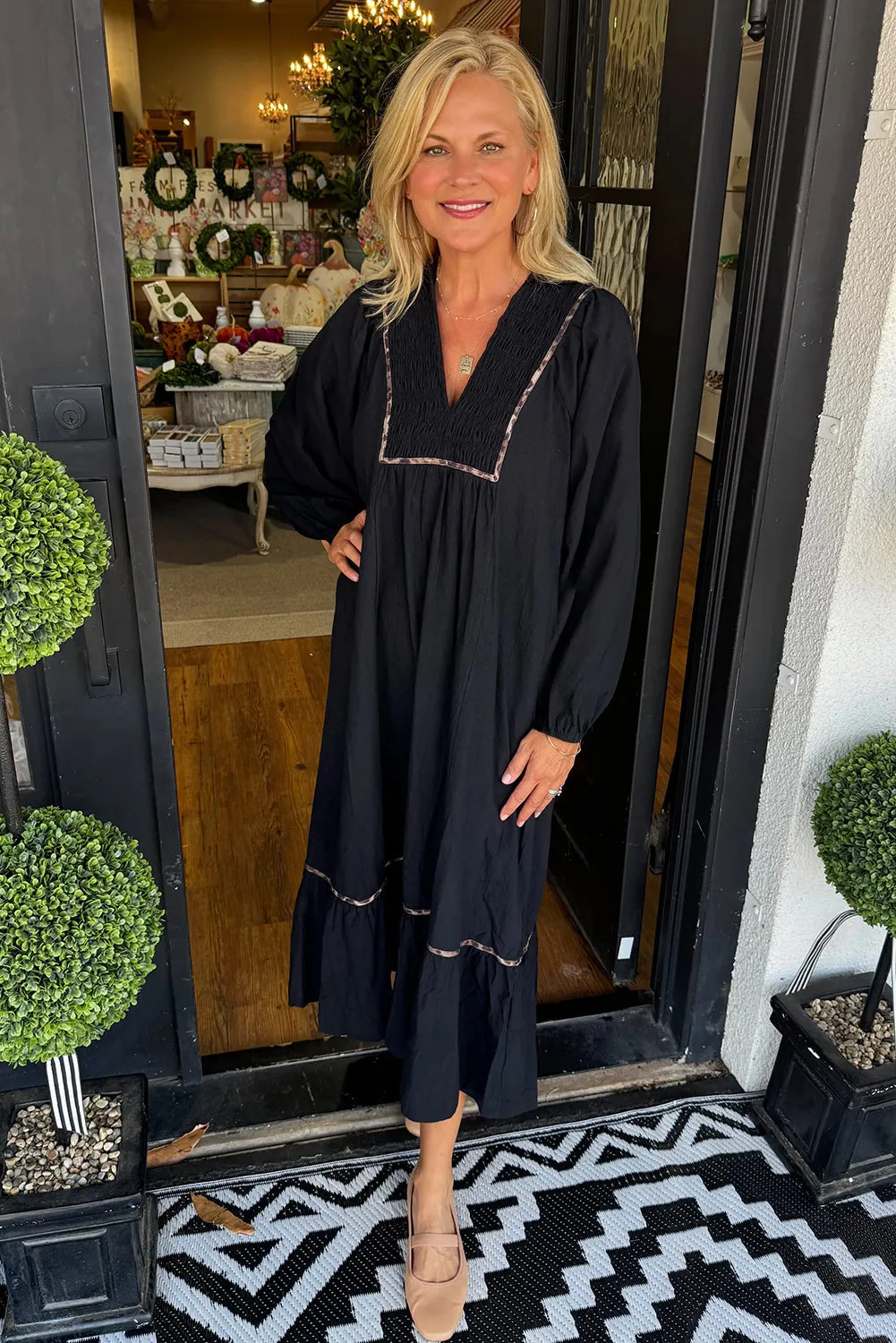 Collared V-Neck Smocked Detail Contrast Leopard Trim Bracelet Sleeve Long Dress sold by eAura product image thumbnail 3