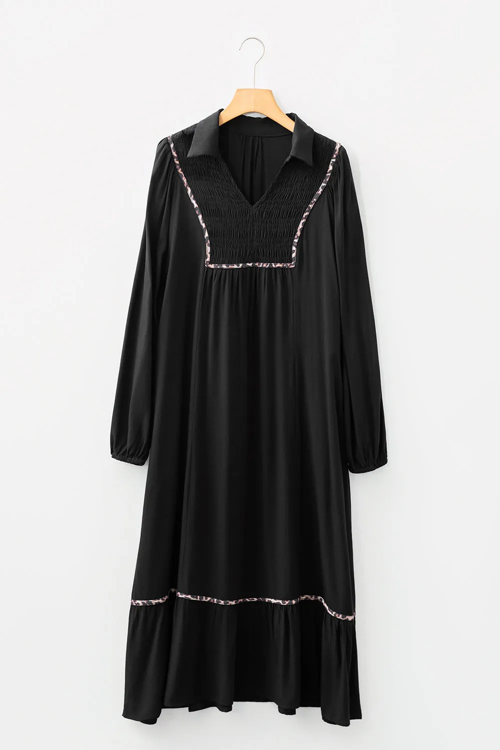 Collared V-Neck Smocked Detail Contrast Leopard Trim Bracelet Sleeve Long Dress sold by eAura product image thumbnail 4