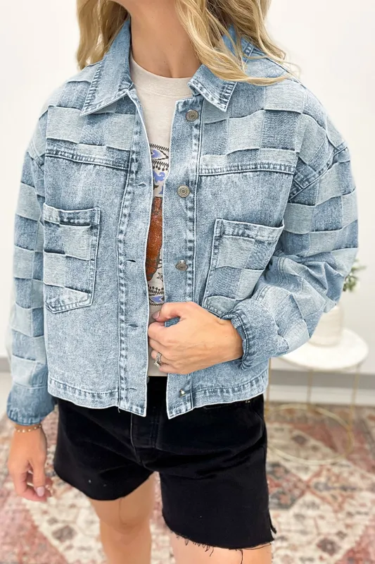 Denim Checkered Pattern Patchwork Casual Jacket sold by eAura