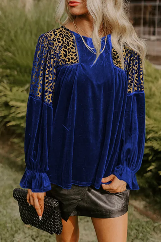 Leopard Patchwork Shoulder Flounce Sleeve Velvet Blouse made by eAura