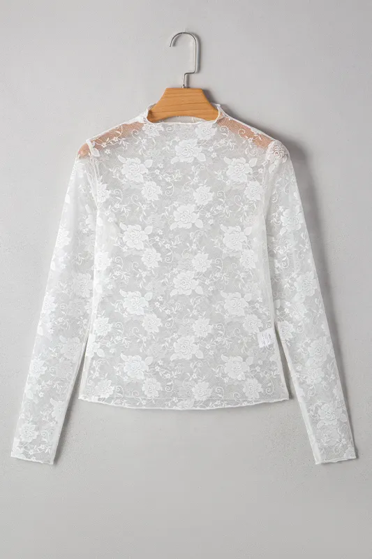 Beige Pink Mock Neck Floral Lace Mesh Long Sleeve Top sold by eAura