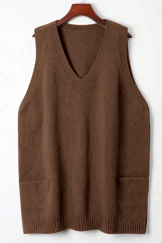 Rib Knit Deep V-Neckline Front Pocketed Baggy Tunic Sweater Vest sold by eAura