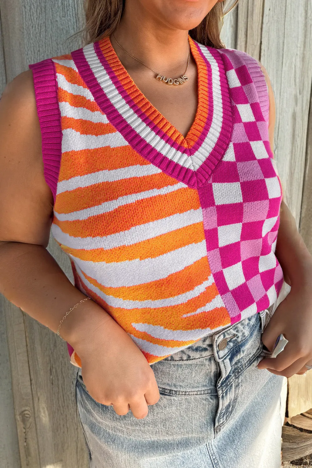 Striped Checkered Contrast Patchwork V-Neck Sweater Vest sold by eAura product image thumbnail 2