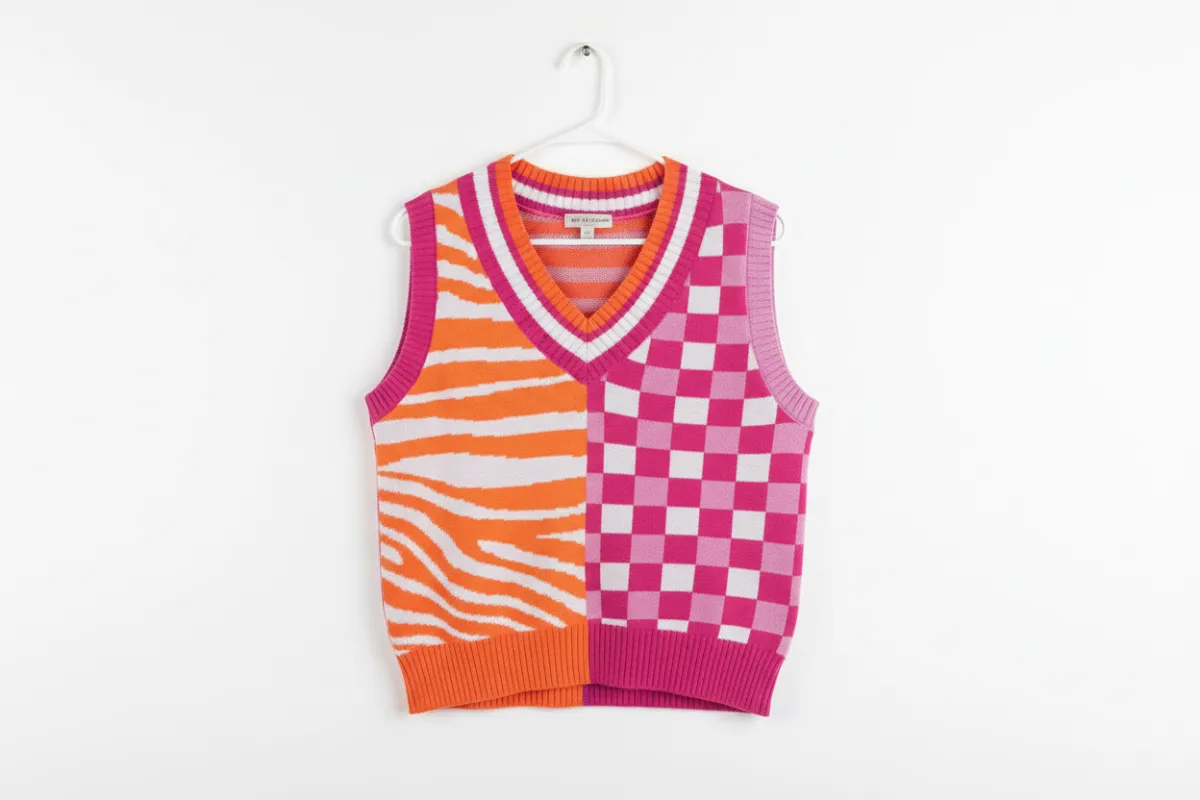 Striped Checkered Contrast Patchwork V-Neck Sweater Vest sold by eAura