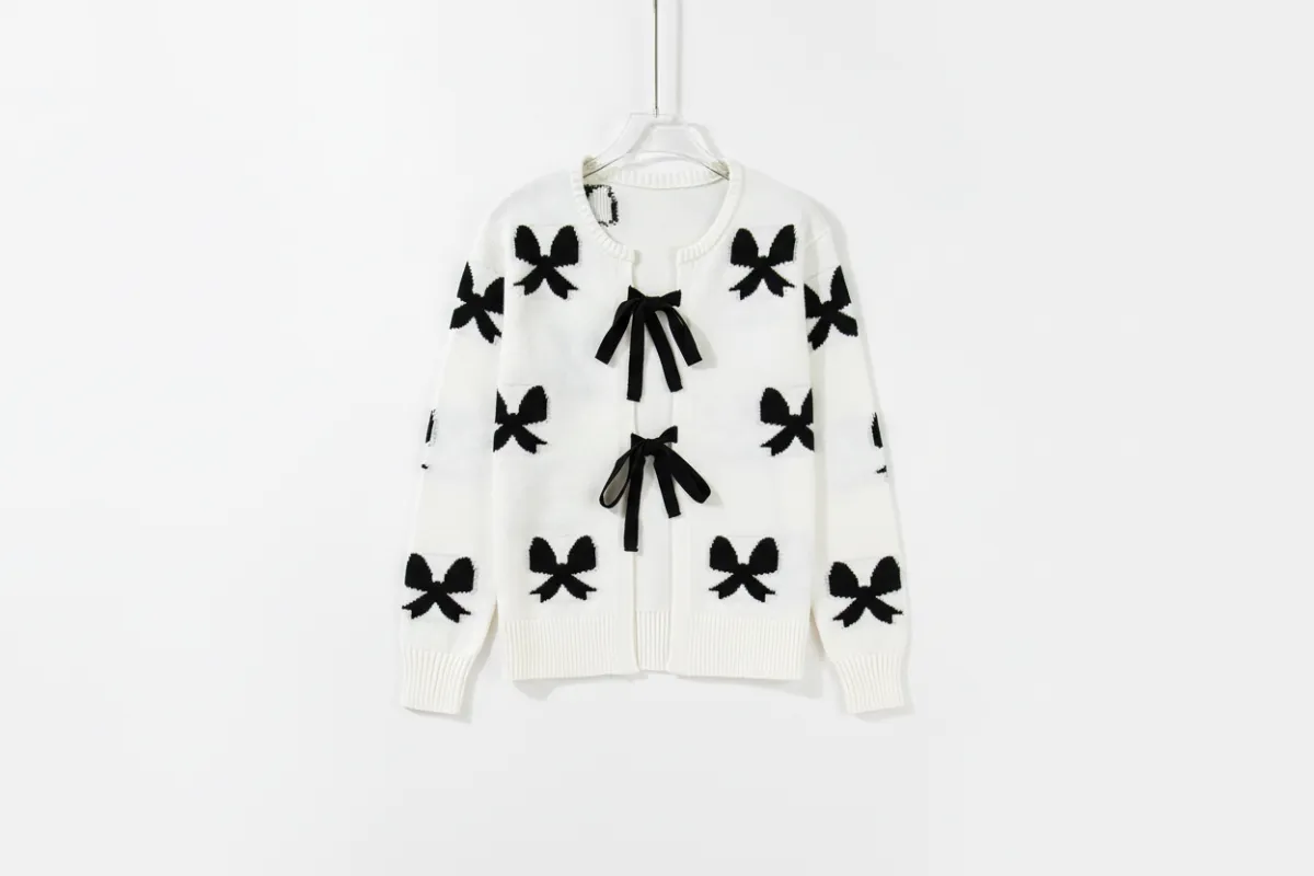 White Tie-Up Front Bow Pattern Knit Cardigan sold by eAura