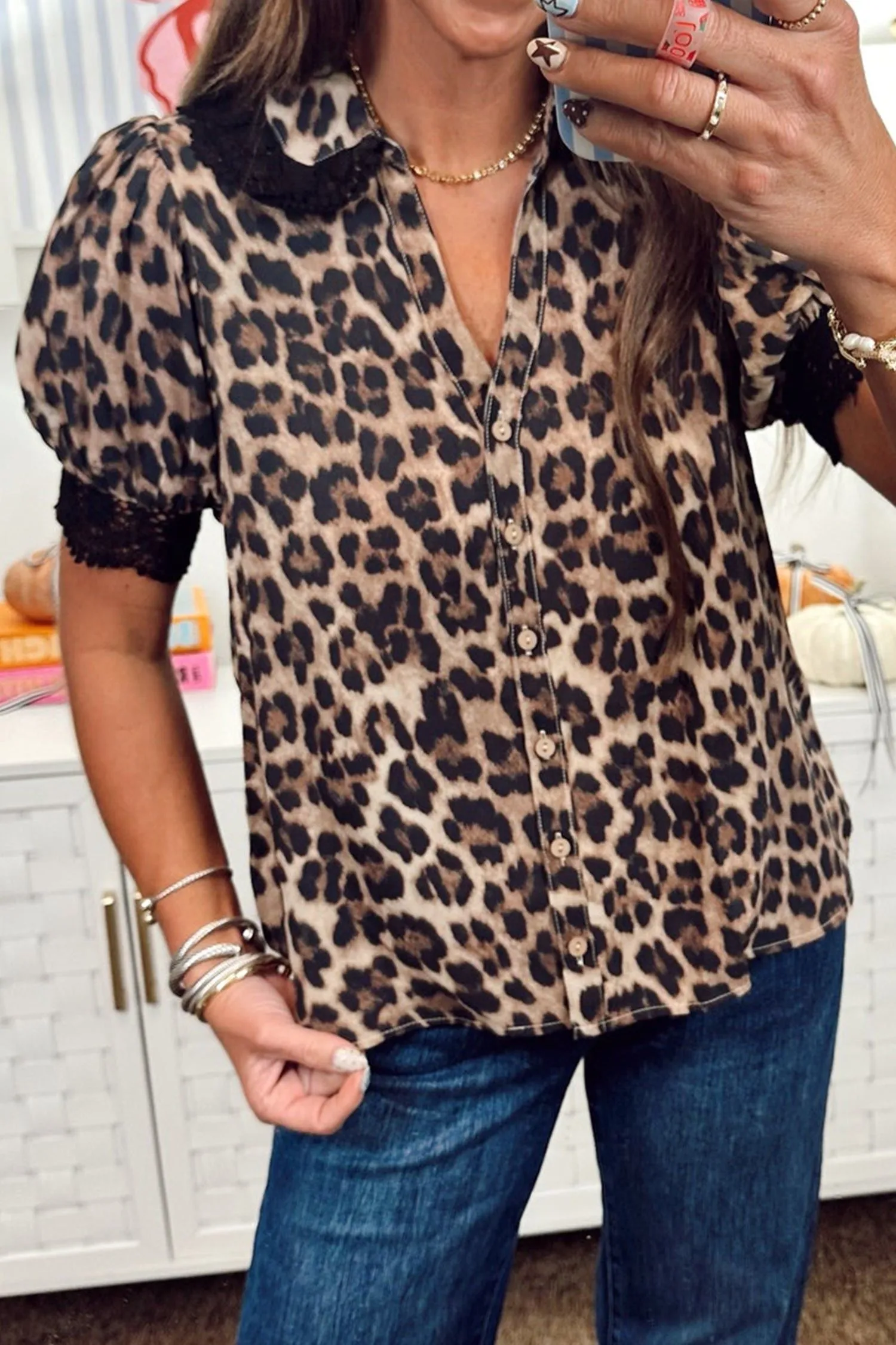 Brown Leopard Print Button Down Lace Trim Short Sleeve Shirt sold by eAura product image thumbnail 4