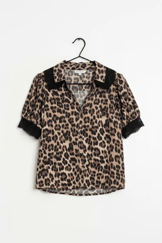 Brown Leopard Print Button Down Lace Trim Short Sleeve Shirt made by eAura