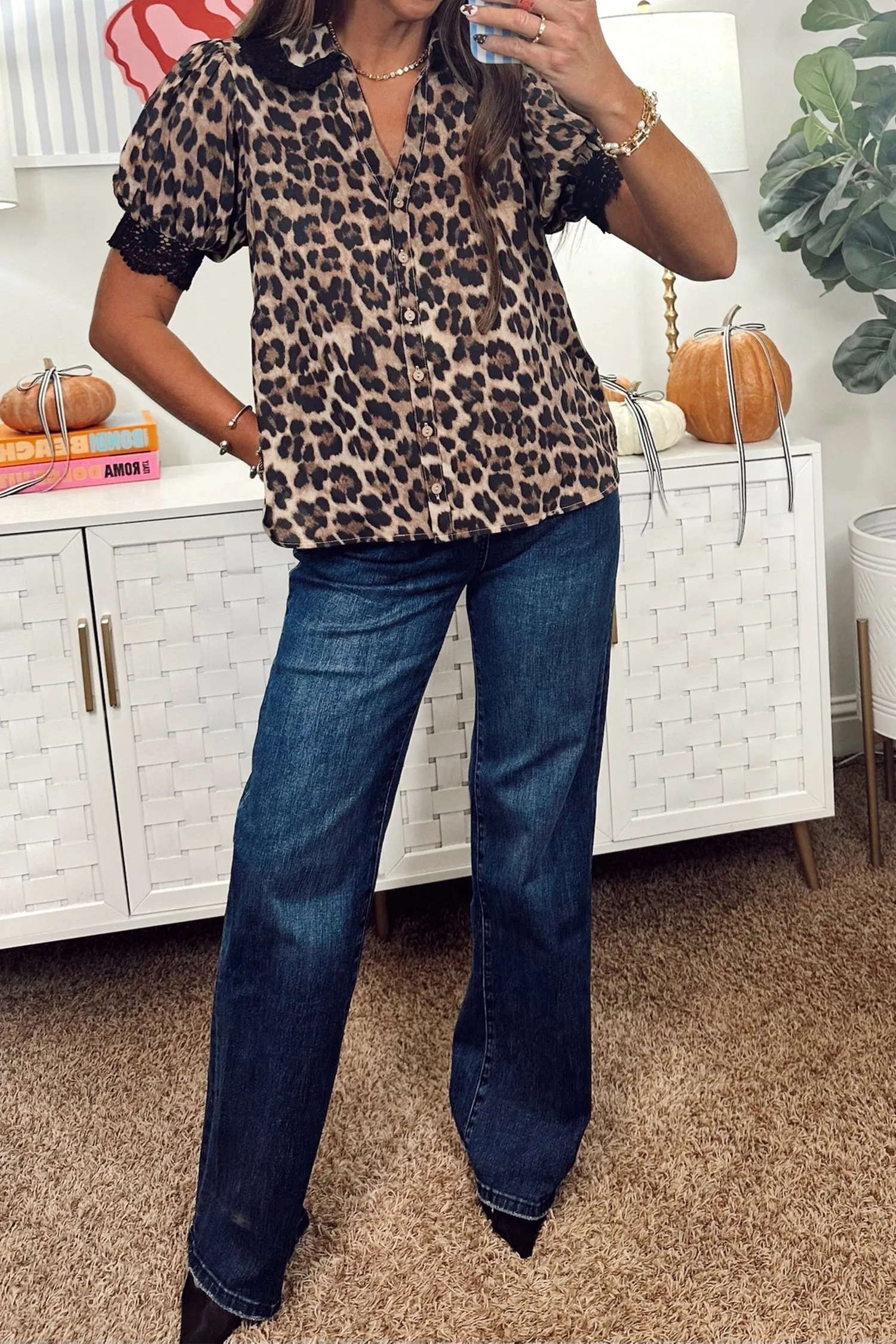 Brown Leopard Print Button Down Lace Trim Short Sleeve Shirt sold by eAura product image thumbnail 5