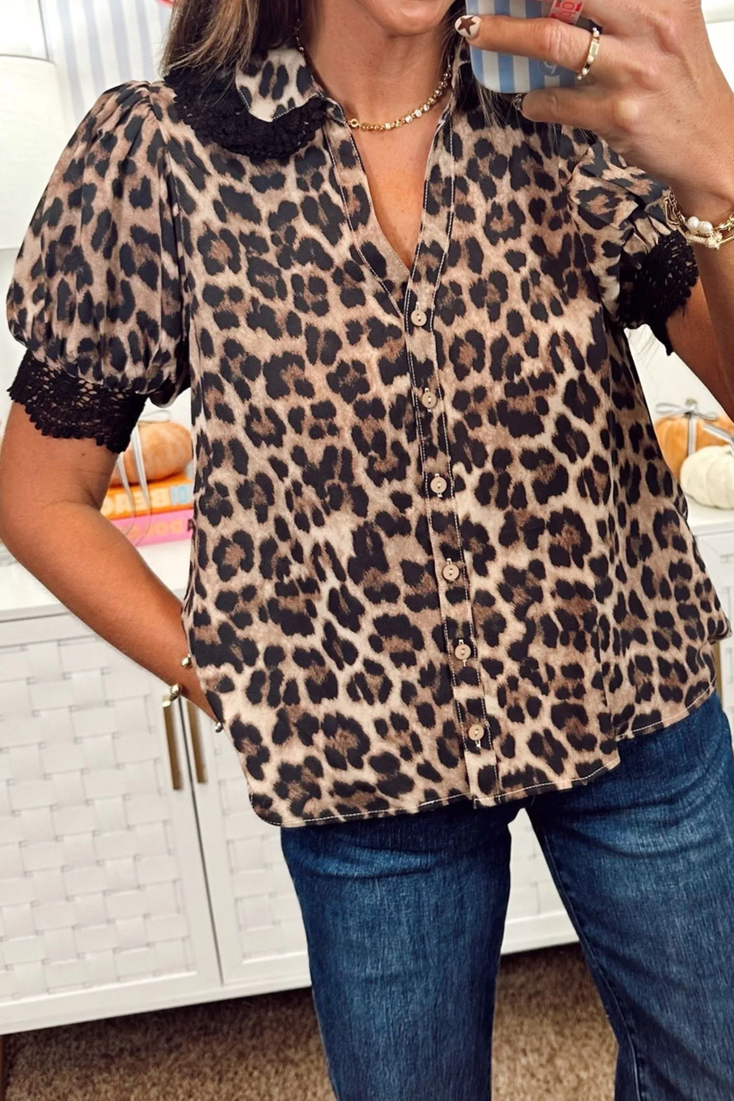 Brown Leopard Print Button Down Lace Trim Short Sleeve Shirt sold by eAura product image thumbnail 3