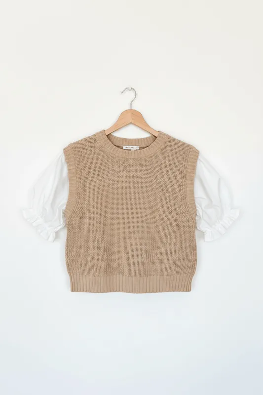 Beige Round Neck Knit Contrast Short Puff Sleeve Sweater sold by eAura
