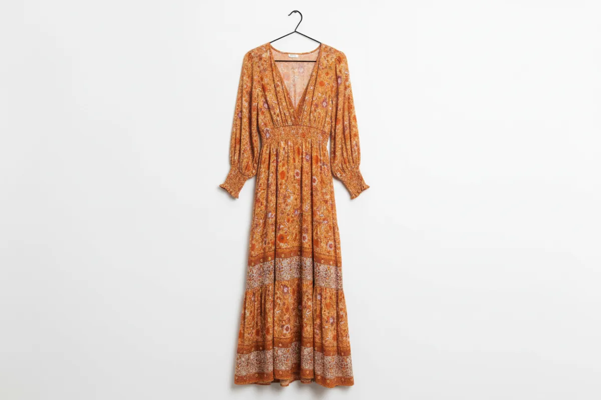 Floral Print Smocked Waist Long Sleeve Boho Maxi Dress sold by eAura