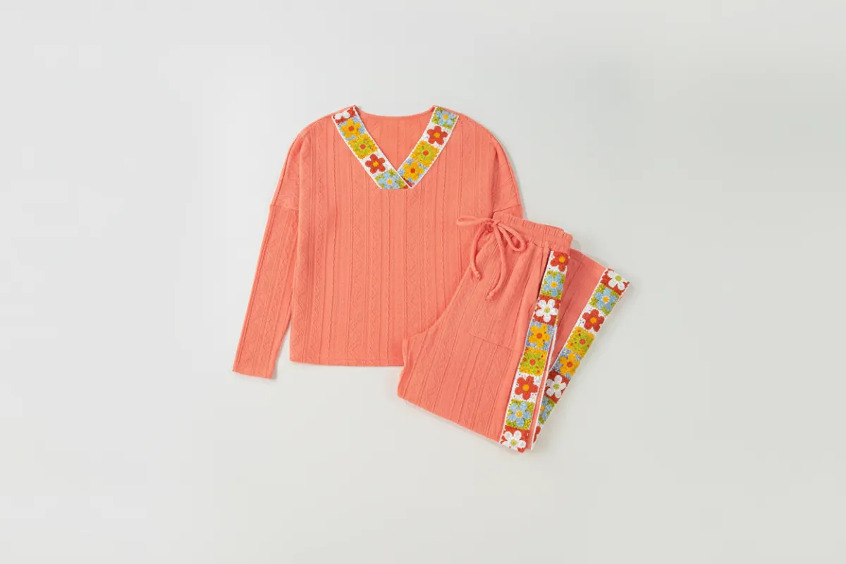 Orange Crochet Floral Accent V-Neck Textured Trouser Set sold by eAura