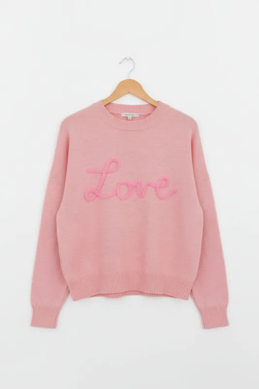 Pink Corded Love Script Graphic Oversized Sweater sold by eAura