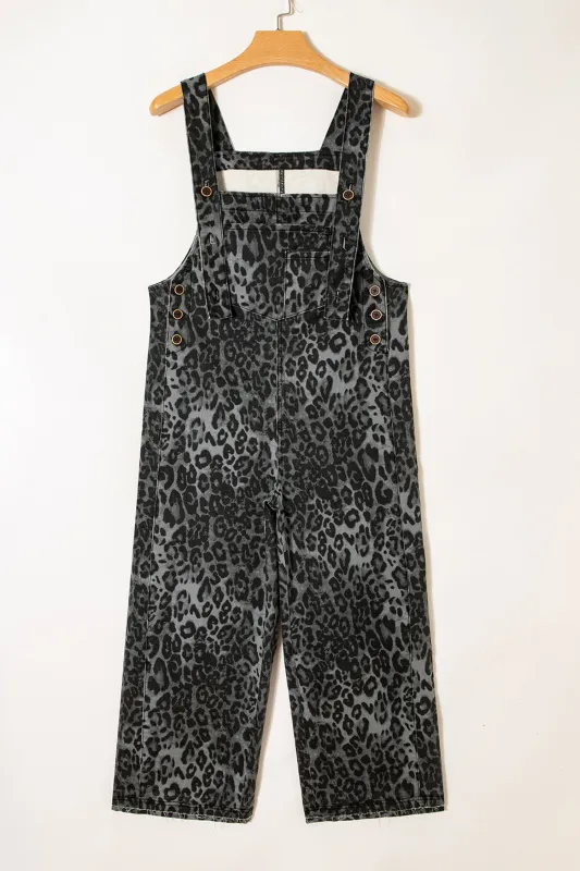 Leopard Print Button Adjustable Straps Cropped Loose Denim Overalls sold by eAura