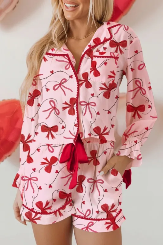Red Bow Colourblock Long Sleeve Knot Pyjama Set sold by eAura