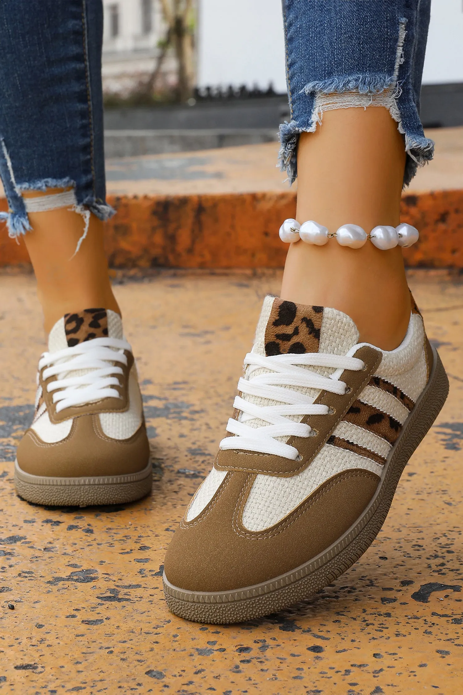 Coffee Colour Block Leopard Lace-up Flat Shoes sold by eAura product image thumbnail 2