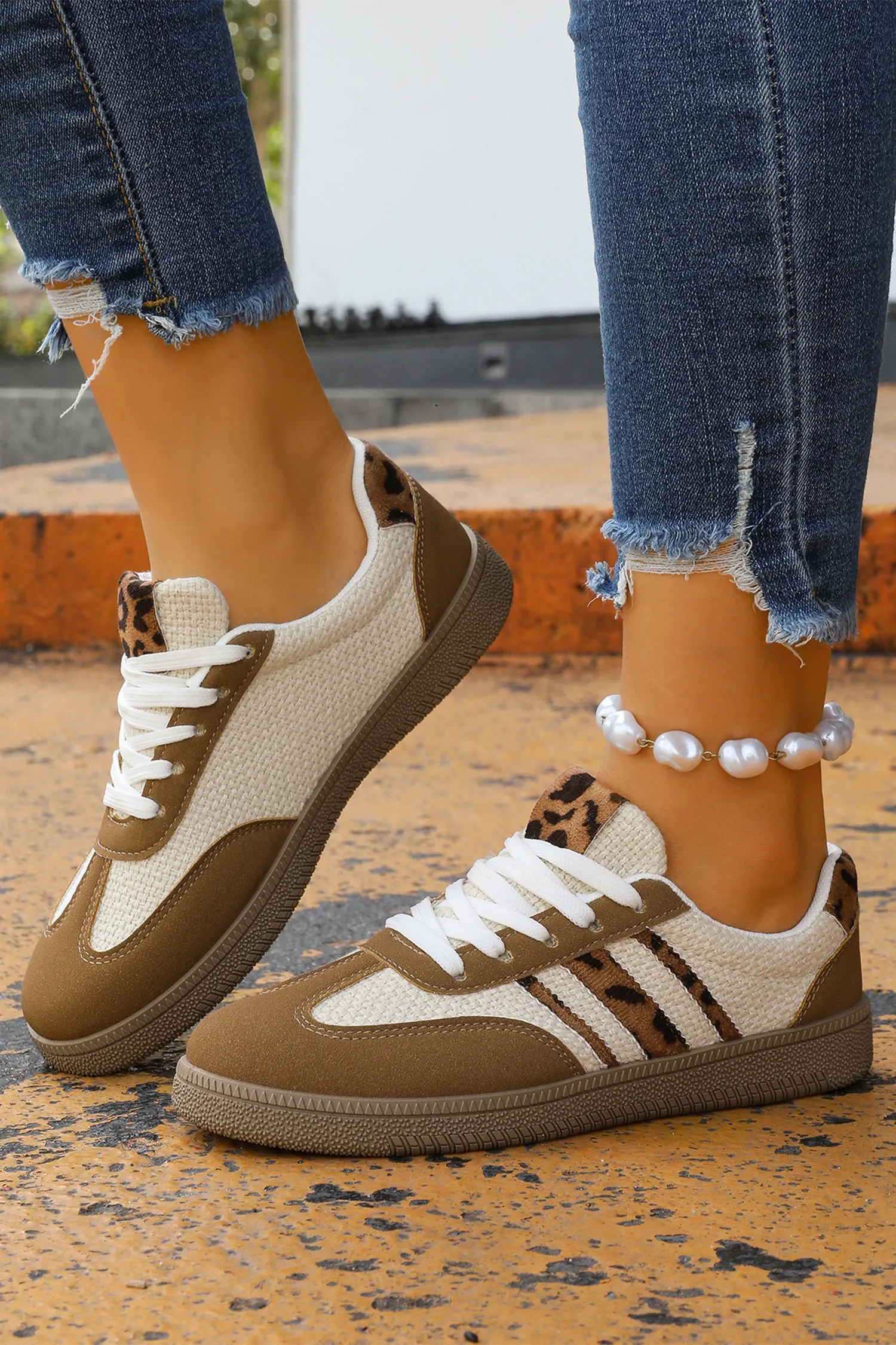 Coffee Colour Block Leopard Lace-up Flat Shoes sold by eAura product image thumbnail 3