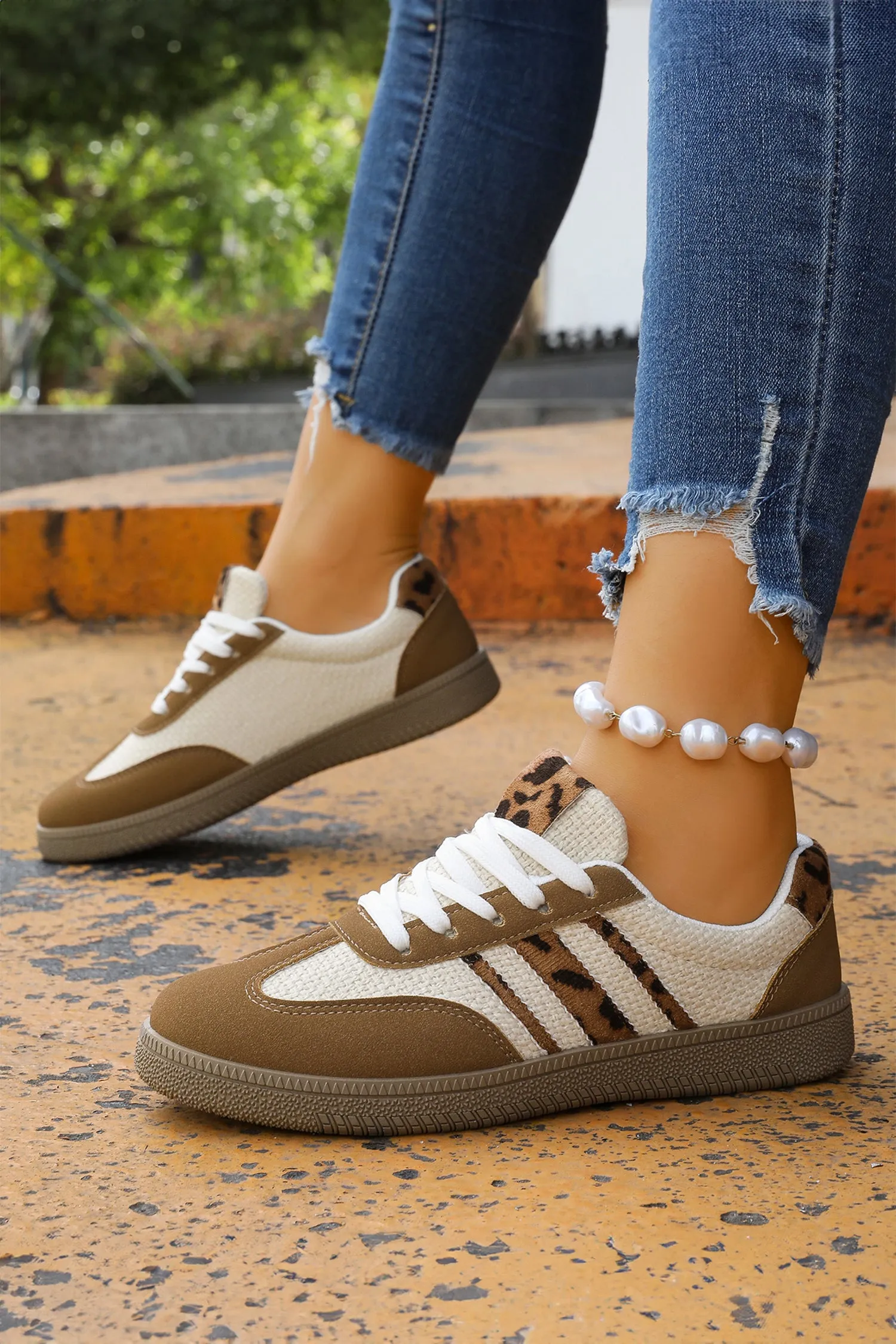 Coffee Colour Block Leopard Lace-up Flat Shoes sold by eAura product image thumbnail 5