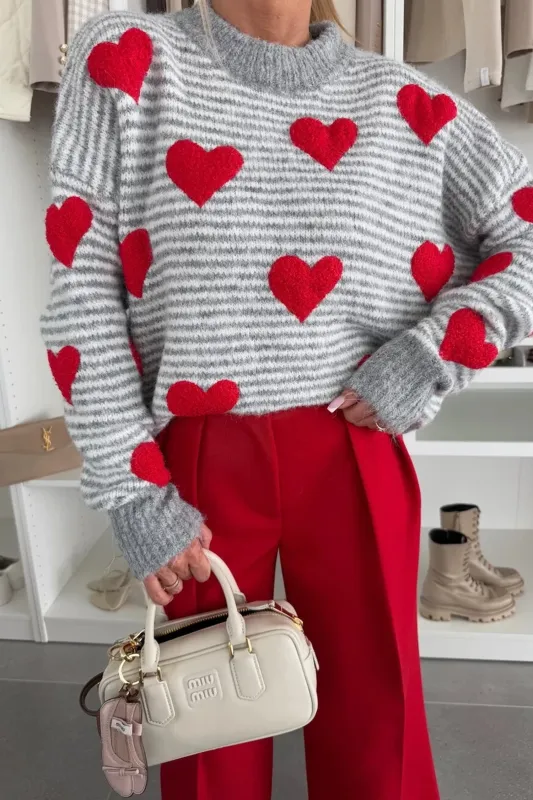 Stripe Contrast Heart Pattern Valentine Knit Sweater sold by eAura