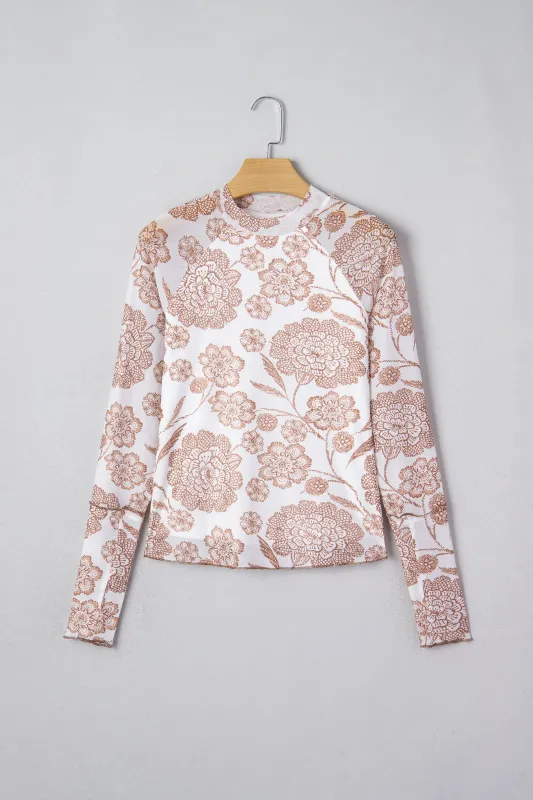 Thumbhole Long Sleeve Floral Print Mesh Top sold by eAura