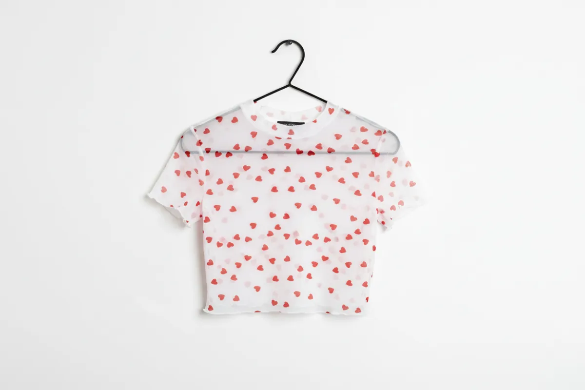 Heart Print Mesh Short Sleeve Cropped Top sold by eAura