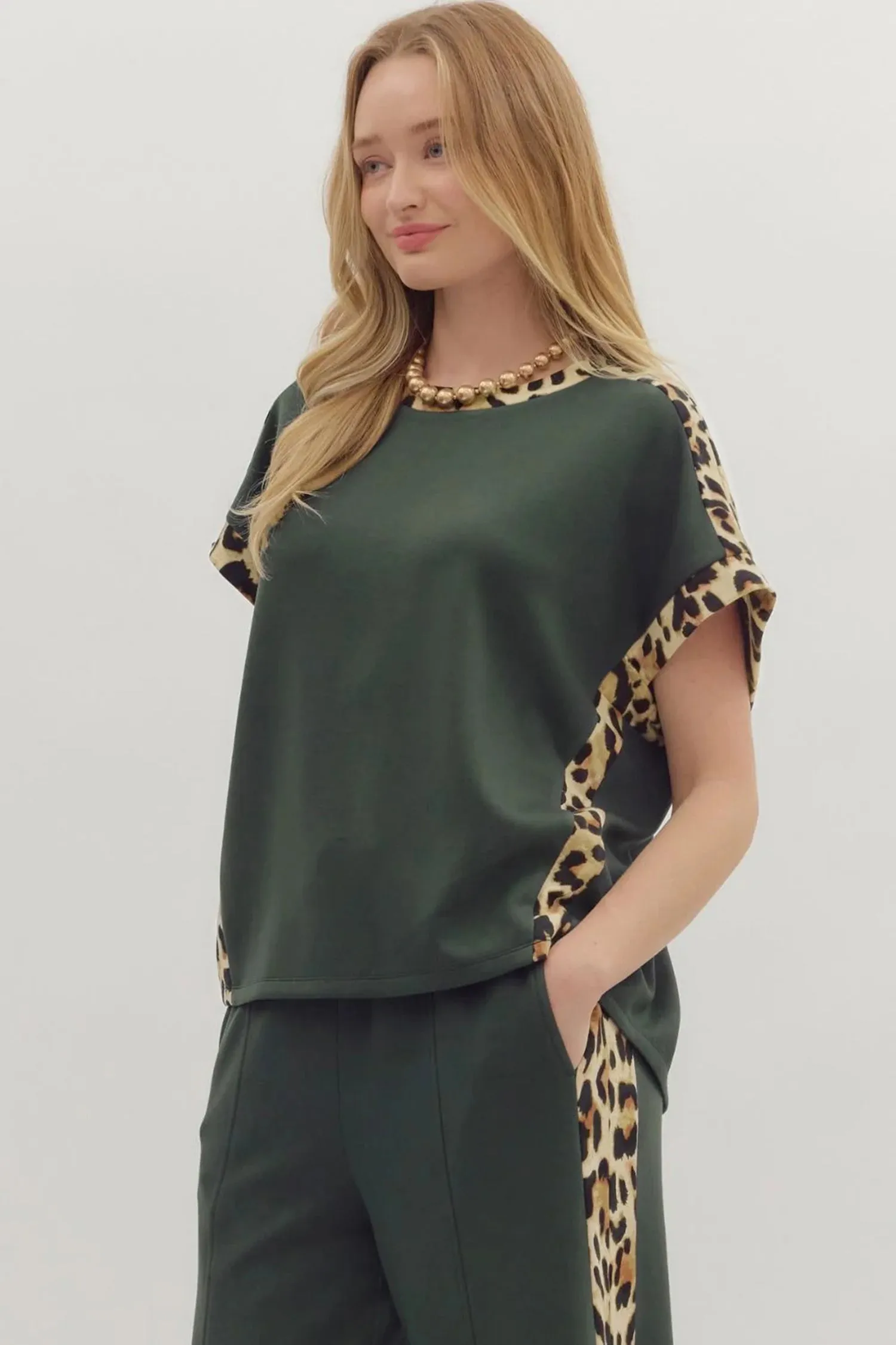Leopard Trim Round Neck Loose T-Shirt sold by eAura