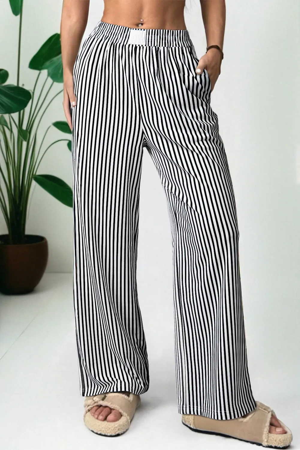 Striped Elastic High Waist Pocketed Loose Trousers sold by eAura