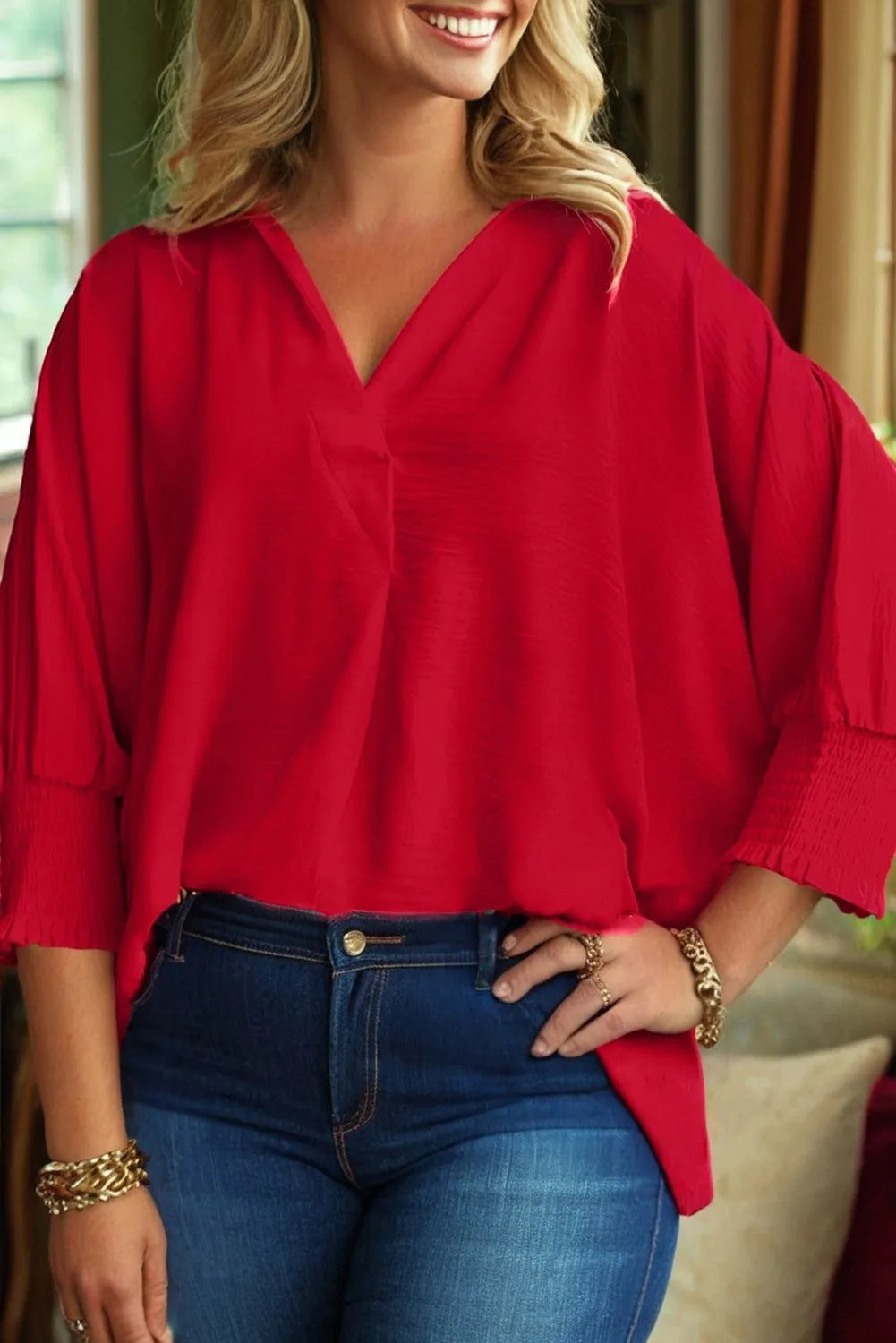 Plus Size Smocked Cuff Dolman Oversized Tunic Blouse sold by eAura product image thumbnail 2