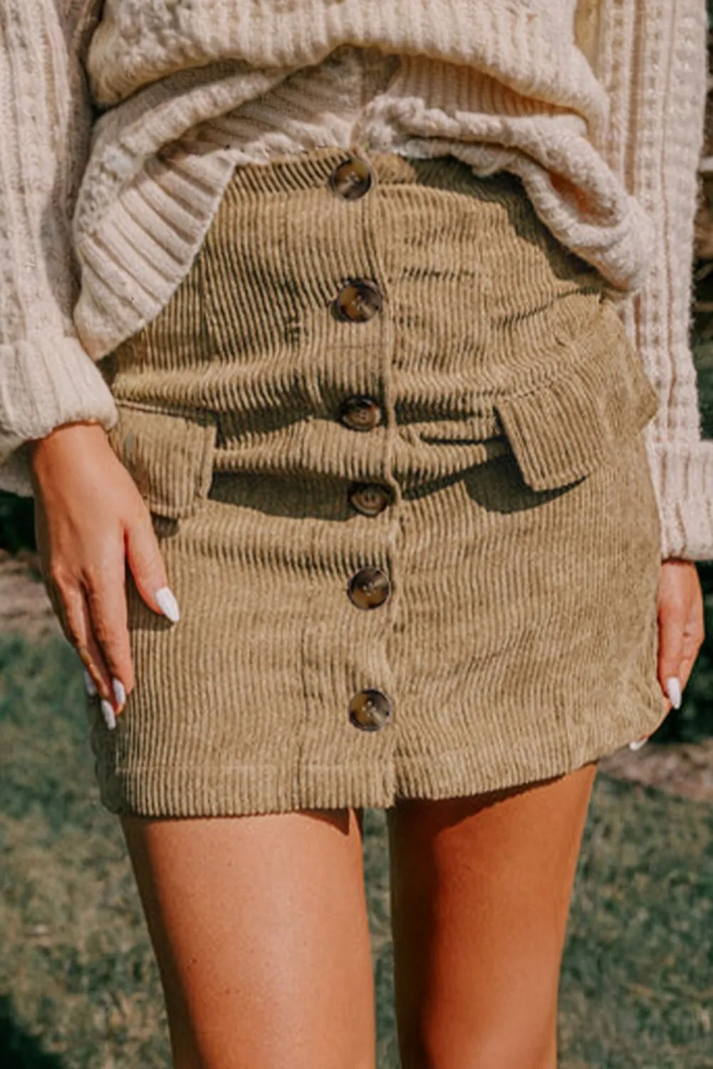 Soft Ribbed Buttoned Front Faux Pockets Mini Skirt sold by eAura product image thumbnail 2
