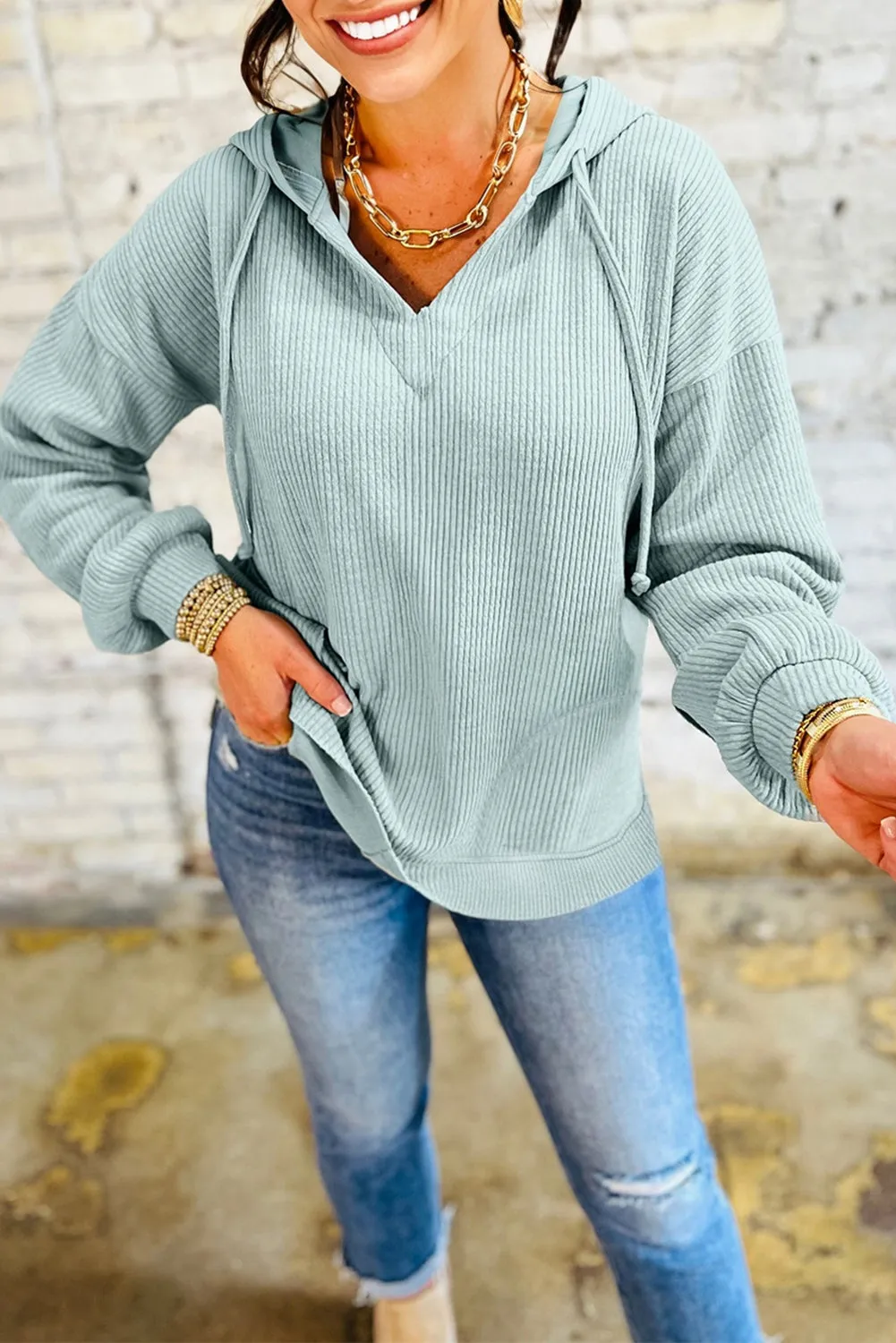 Ribbed Drop Shoulder Textured Hoodie sold by eAura product image thumbnail 2