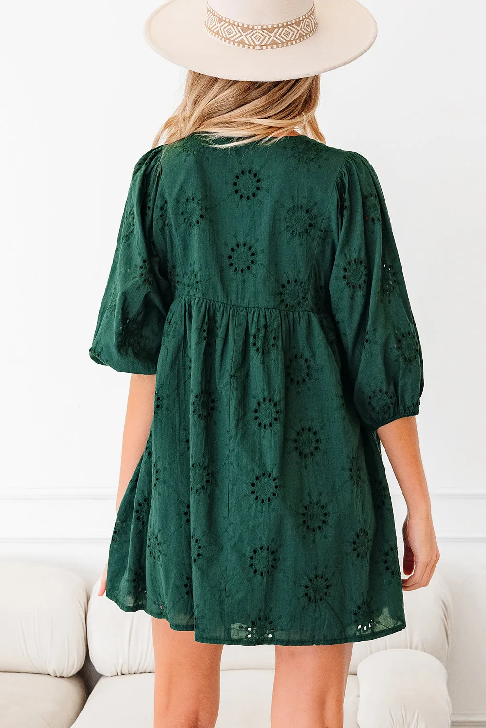 Embroidered Eyelet Pattern 3/4 Puffy Sleeve Swing Mini Dress sold by eAura product image thumbnail 3