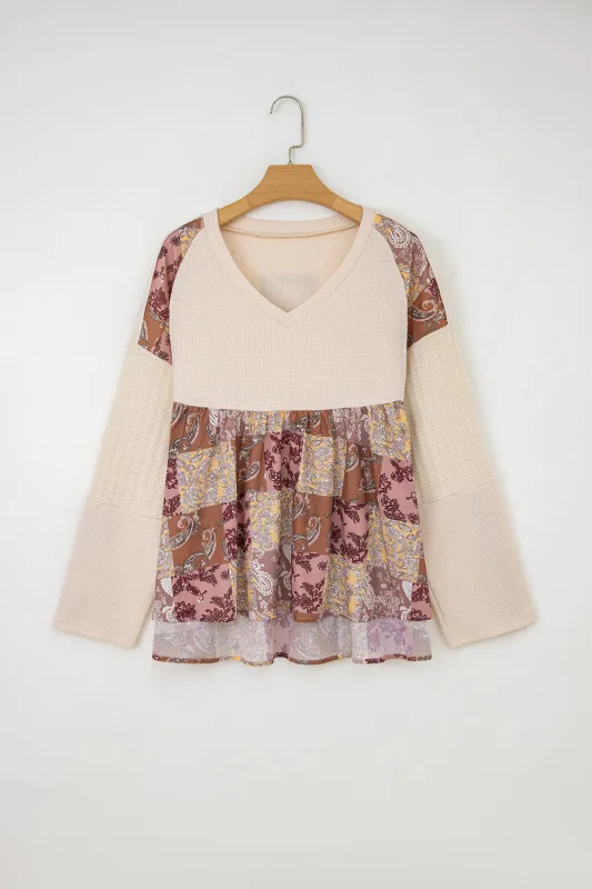 Paisley Print Contrast Patchwork Long Sleeve Loose Top sold by eAura