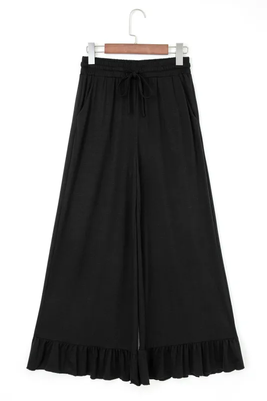 Ruffled Wide Leg Pull On High Waist Trousers with Pockets sold by eAura