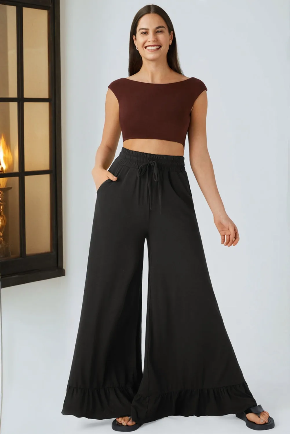 Ruffled Wide Leg Pull On High Waist Trousers with Pockets sold by eAura product image thumbnail 3