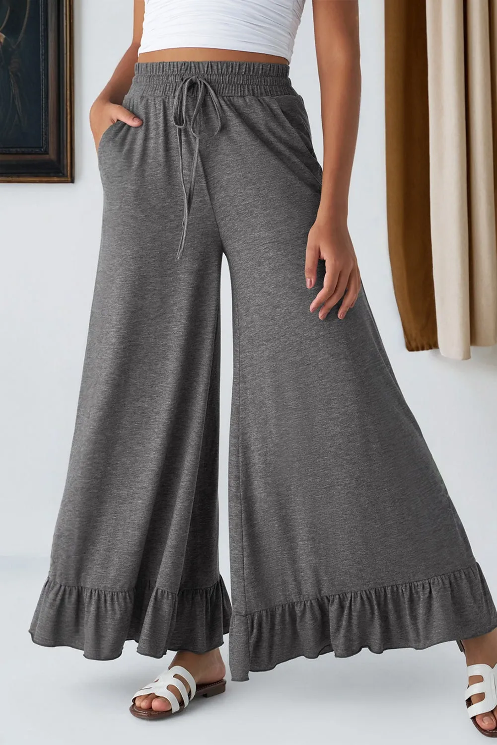 Ruffled Wide Leg Pull On High Waist Trousers with Pockets sold by eAura product image thumbnail 4