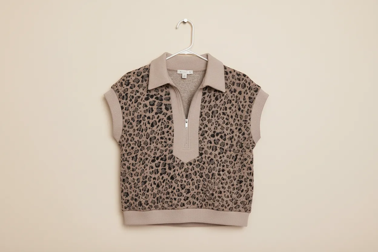 Zip-up Collared Leopard Cap Sleeve Textured Top sold by eAura