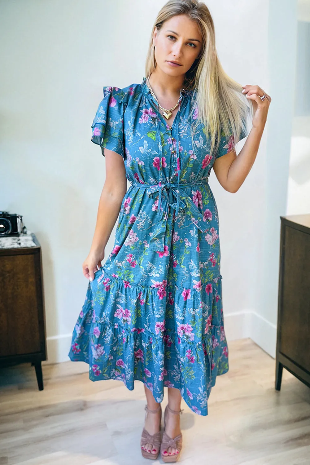 Floral Flutter Sleeve Button Tie Split Neck Belted Maxi Dress sold by eAura product image thumbnail 5