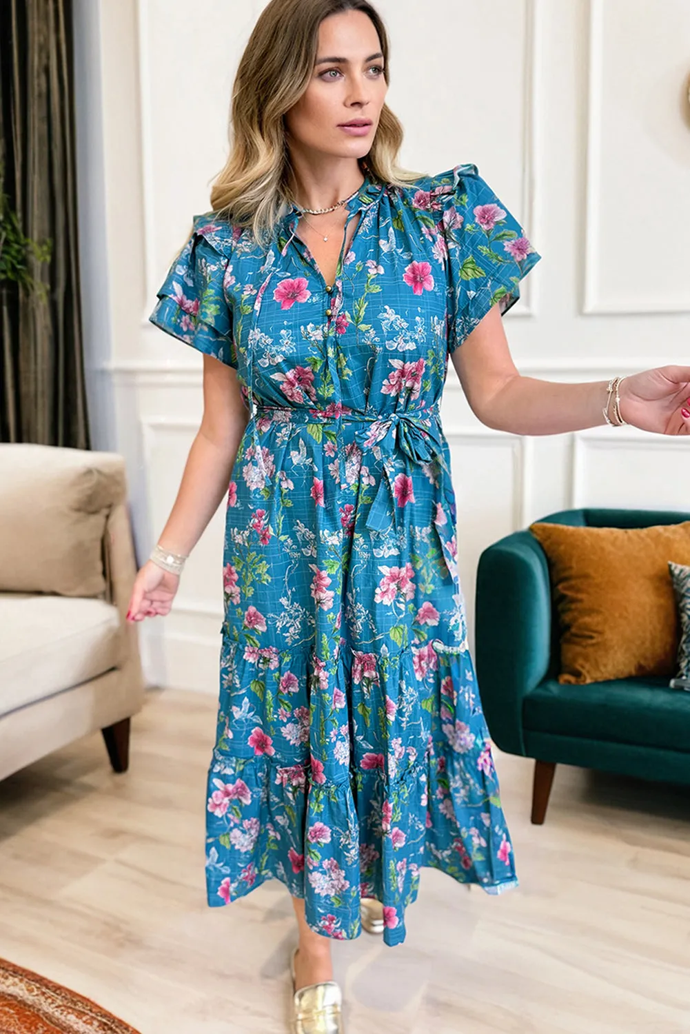 Floral Flutter Sleeve Button Tie Split Neck Belted Maxi Dress sold by eAura product image thumbnail 4