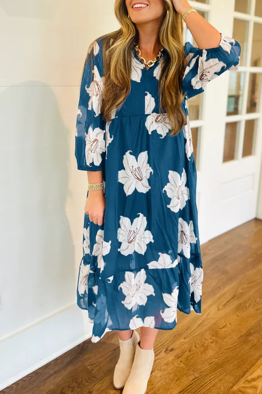 Floral Print Shirt Collar V-Neck 3/4 Sleeve Shift Midi Dress sold by eAura