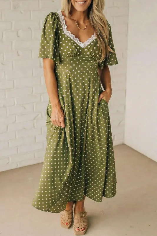 Polka Dot Print Lacy Neckline Smocked Maxi Dress made by eAura