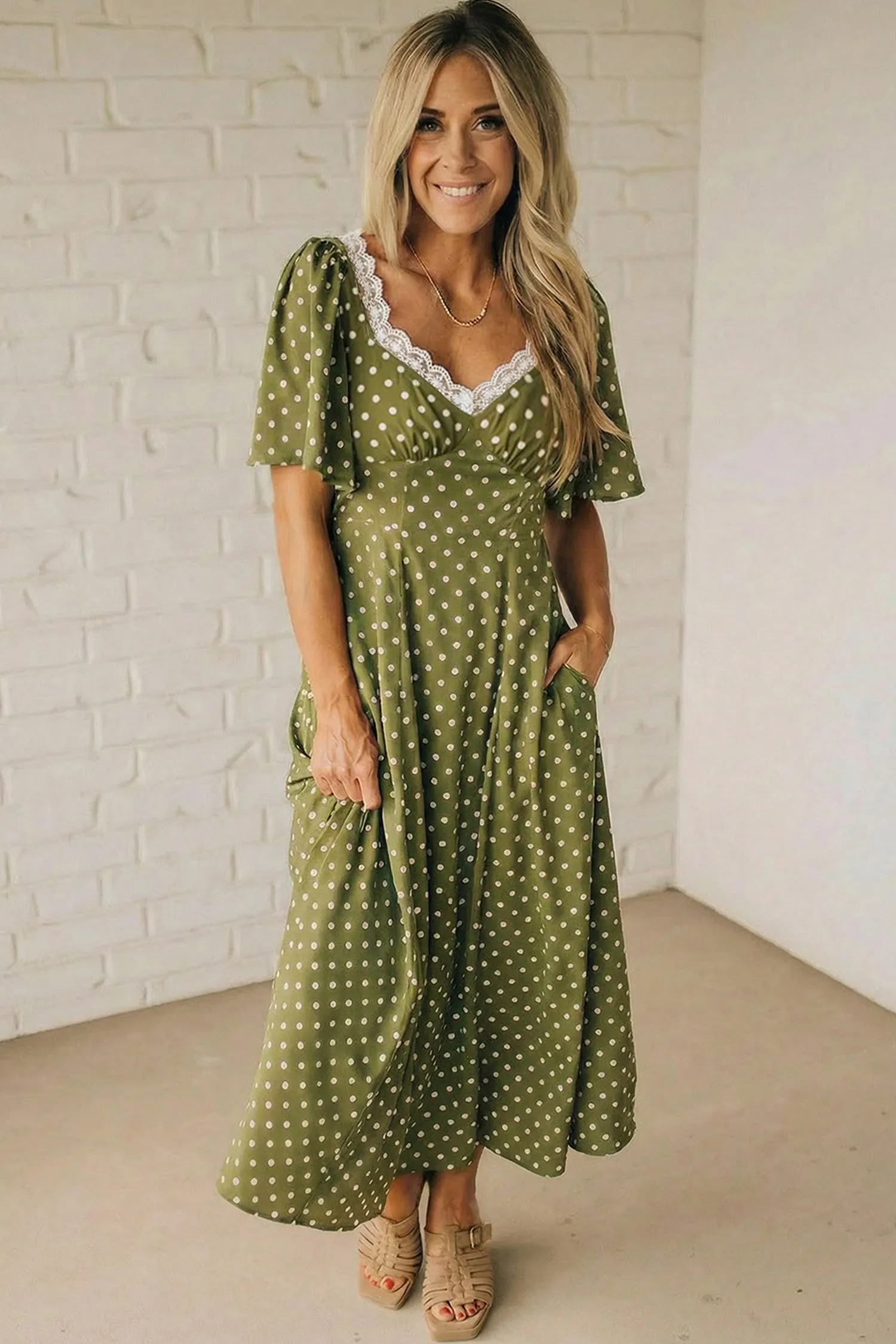 Polka Dot Print Lacy Neckline Smocked Maxi Dress sold by eAura product image thumbnail 2