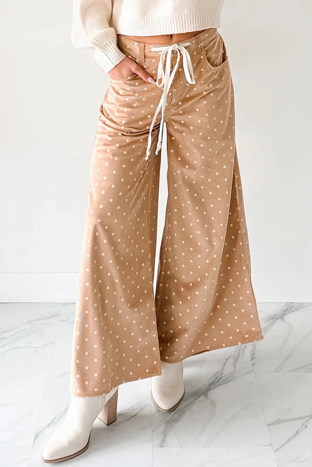 Khaki Polka Dot Print Drawstring Wide Leg Pants sold by eAura product image thumbnail 5