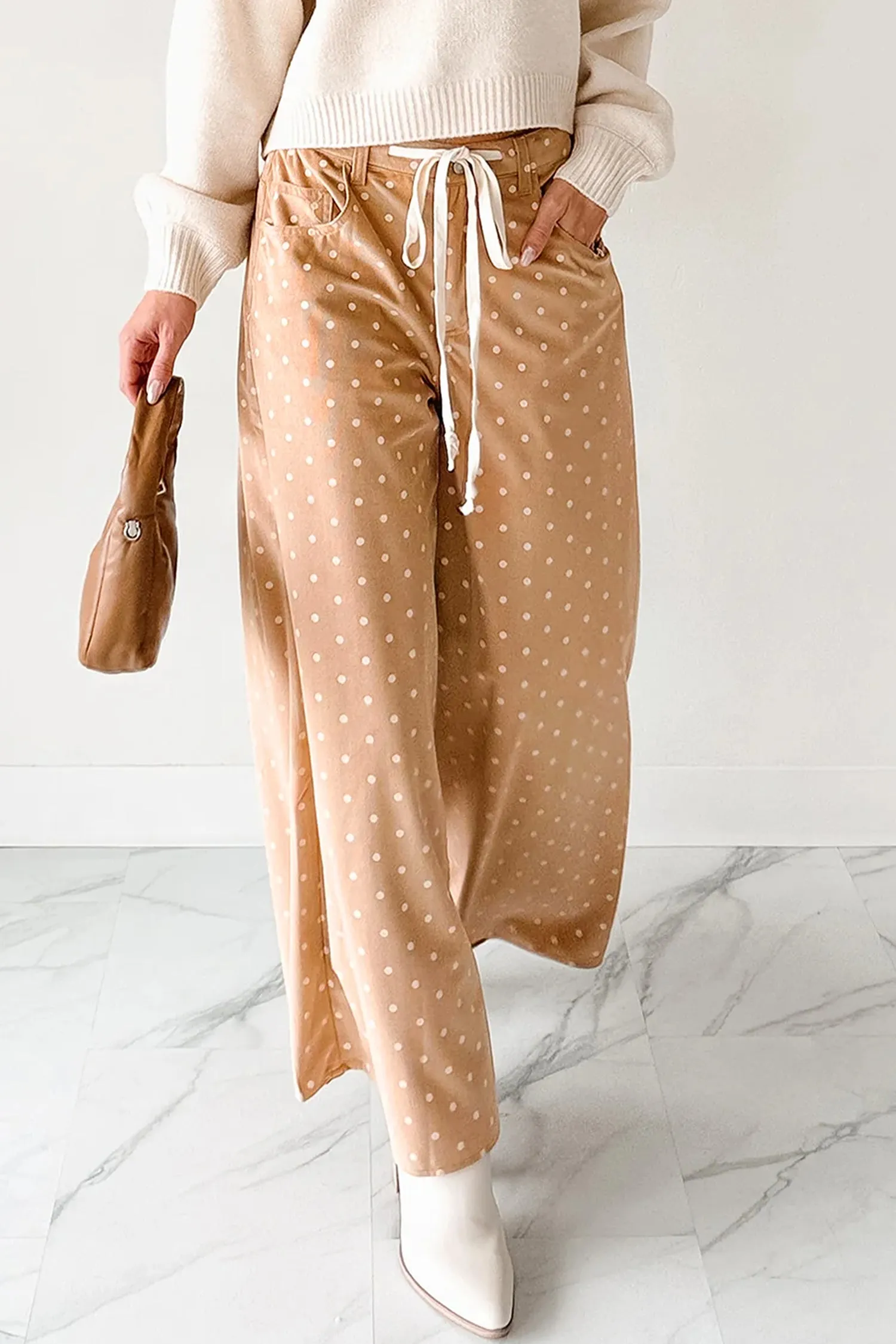 Khaki Polka Dot Print Drawstring Wide Leg Pants sold by eAura product image thumbnail 4