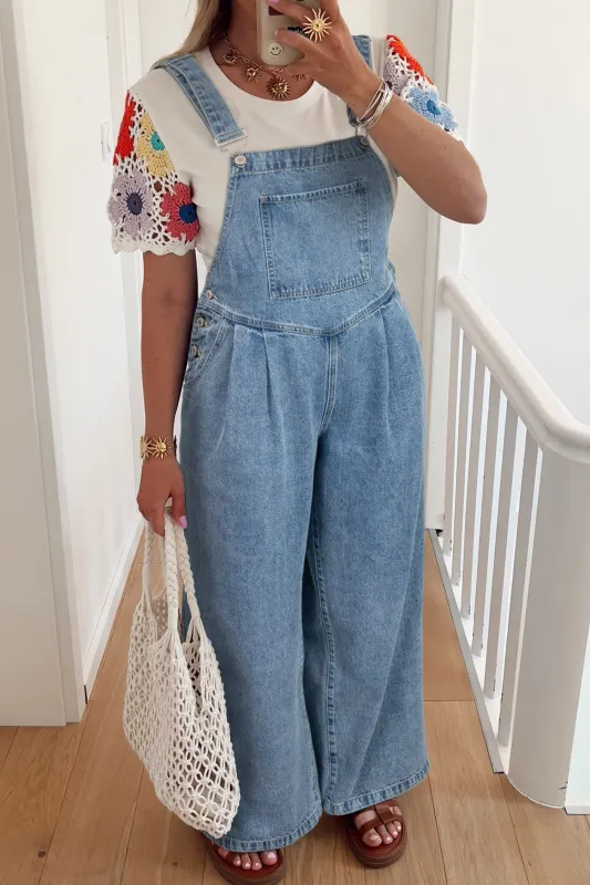 Blue Pleated Wide Leg Retro Pocketed Denim Dungarees Jumpsuit sold by eAura