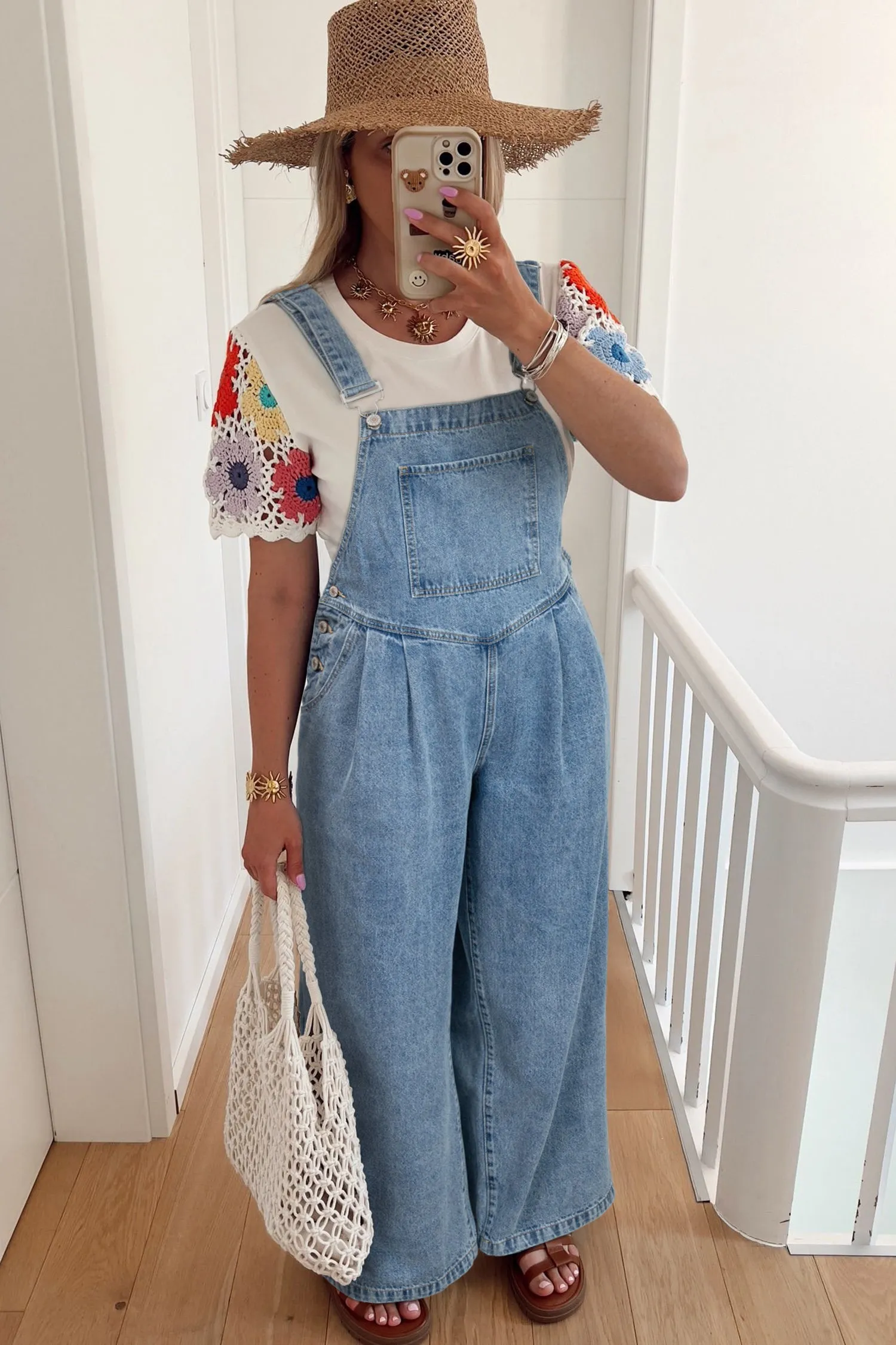Blue Pleated Wide Leg Retro Pocketed Denim Dungarees Jumpsuit sold by eAura product image thumbnail 3