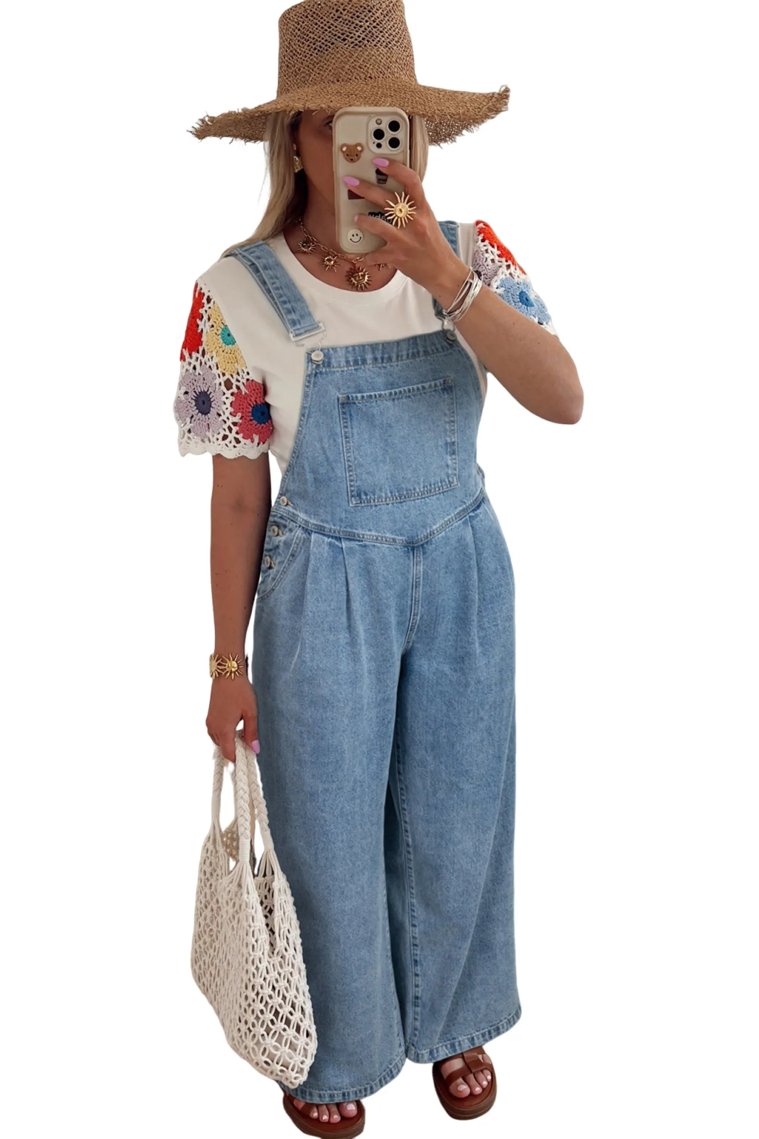 Blue Pleated Wide Leg Retro Pocketed Denim Dungarees Jumpsuit sold by eAura product image thumbnail 4