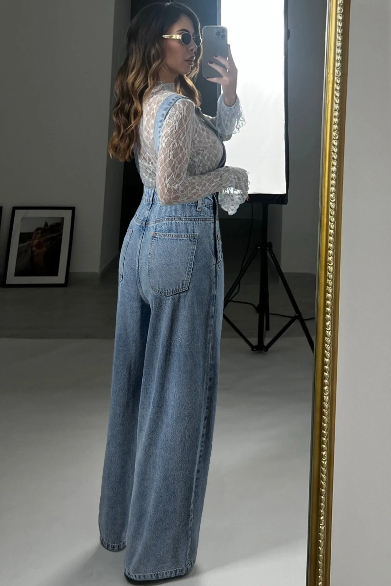 Blue Pleated Wide Leg Retro Pocketed Denim Dungarees Jumpsuit sold by eAura product image thumbnail 2